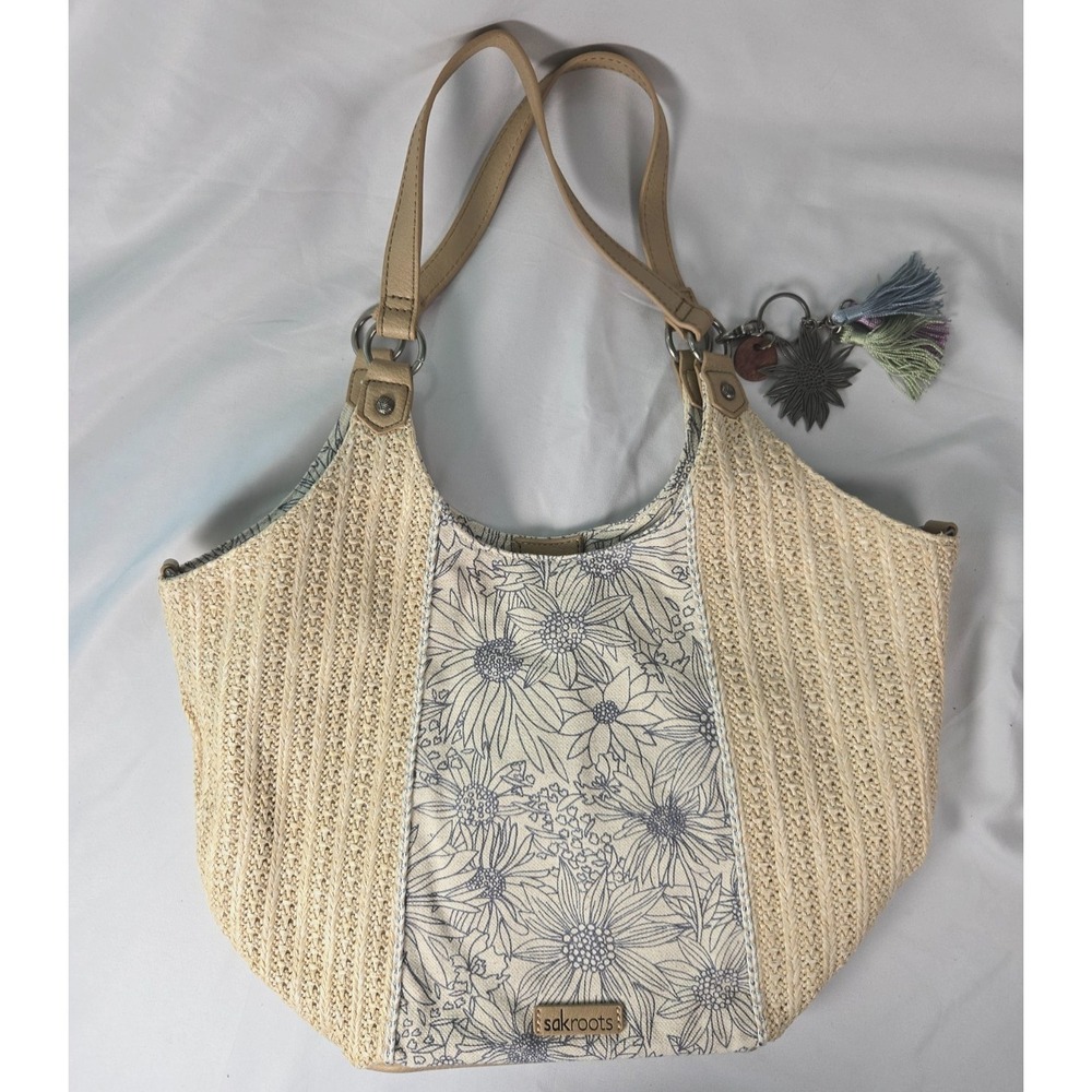 Sakroots The Sak Roma Shopper Tote Medium Blue Sunflower Print Woven Straw